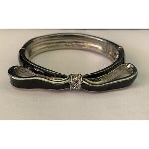 Black Enamel Bow Rhinestones Silvertone Bracelet Clamper Hinged Excellent 7 inch